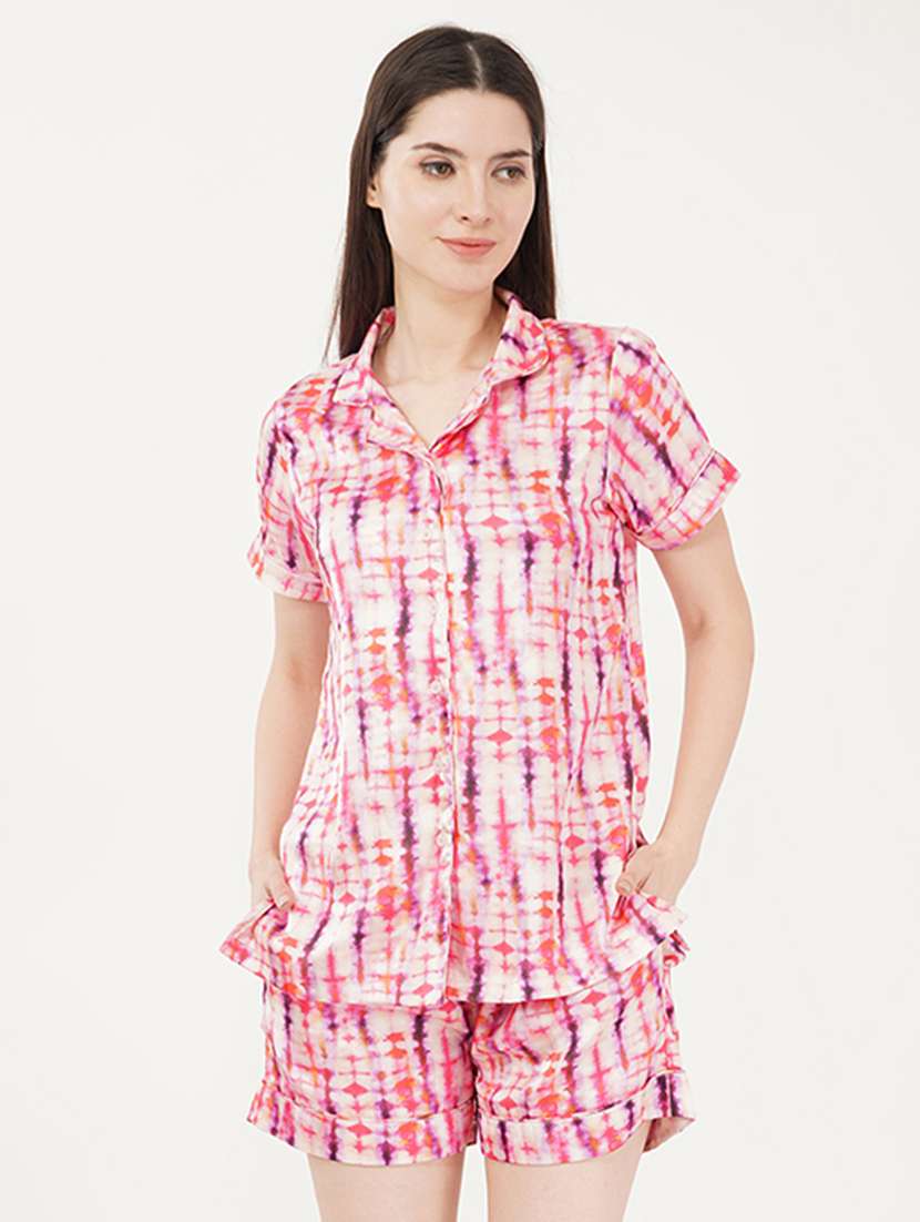 women pink tie & dye shorts nightwear set