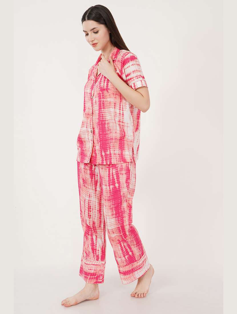 women pink tie & dye pyjama nightwear set