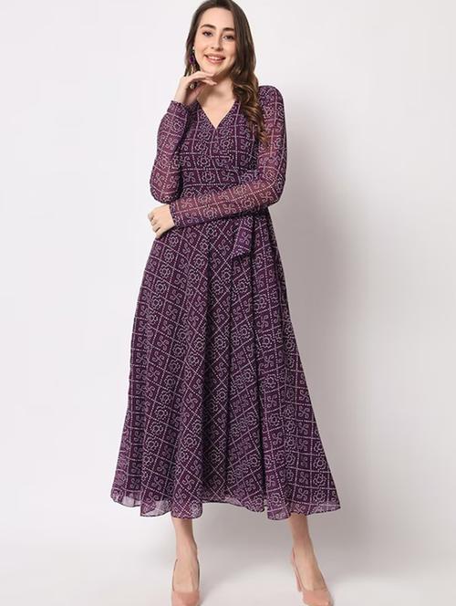 purple printed fit & flare dress - 21483593 - Very Small Image - 1