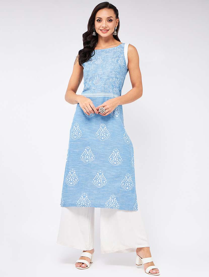 women light blue round neck straight kurta
