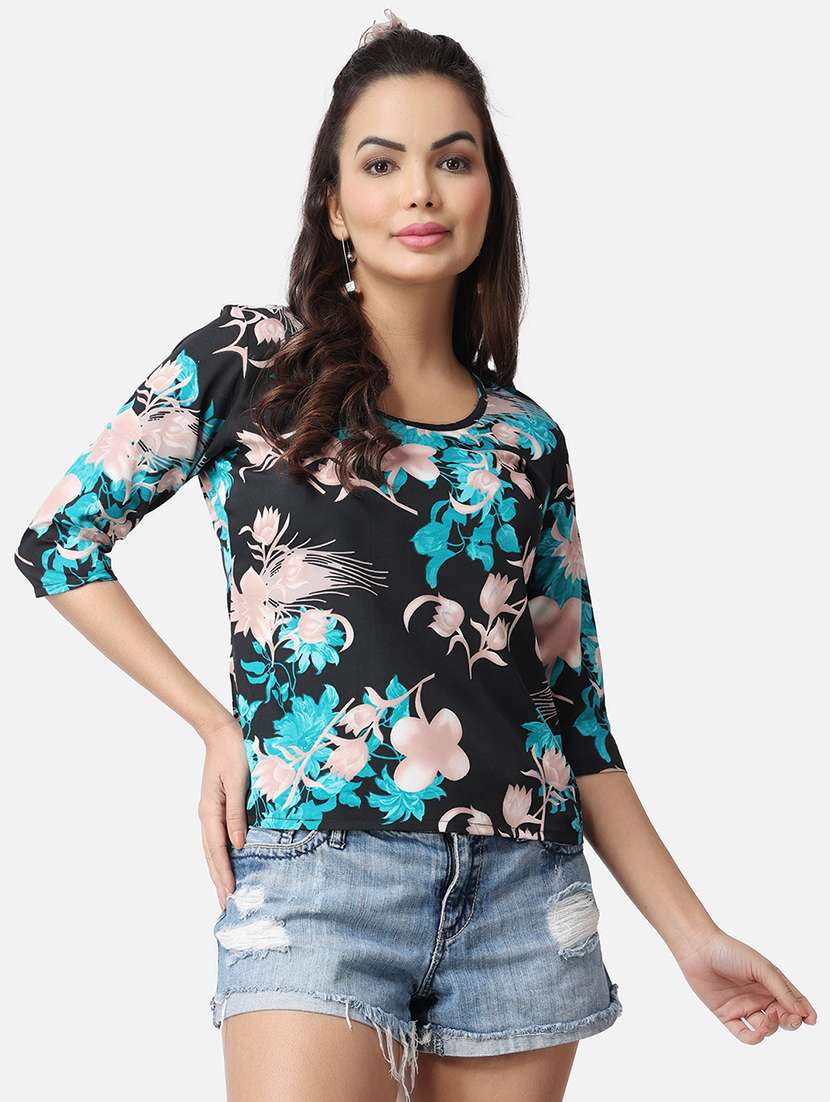 women floral print round neck top