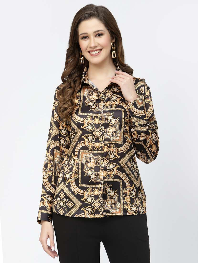 women printed collared long sleeves shirt