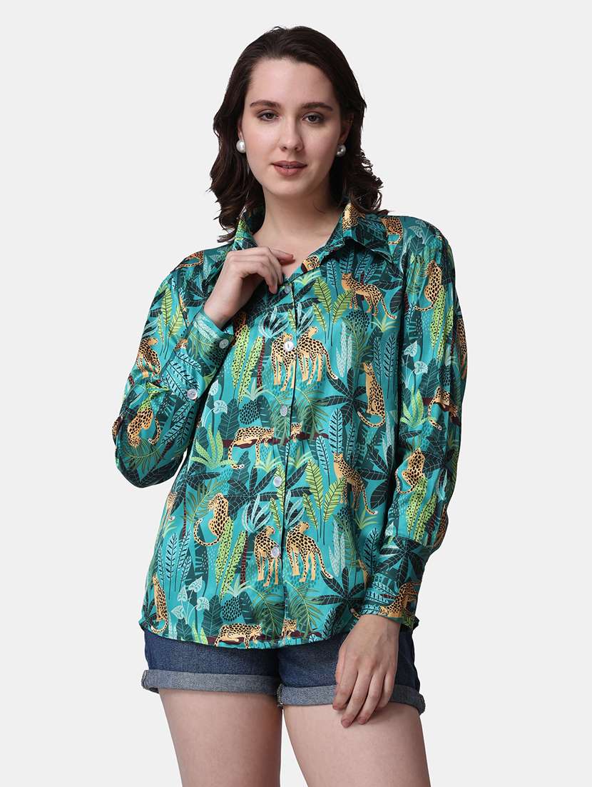 women printed collared long sleeves shirt