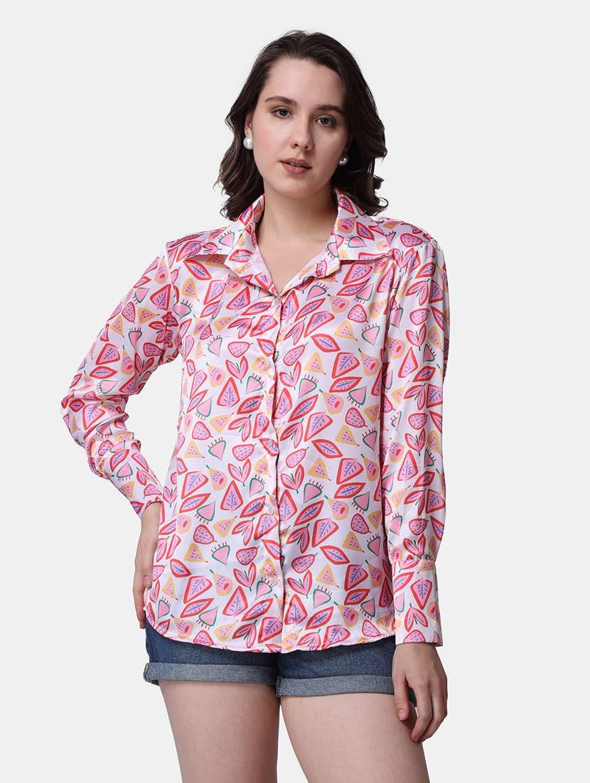 women printed collared long sleeves shirt