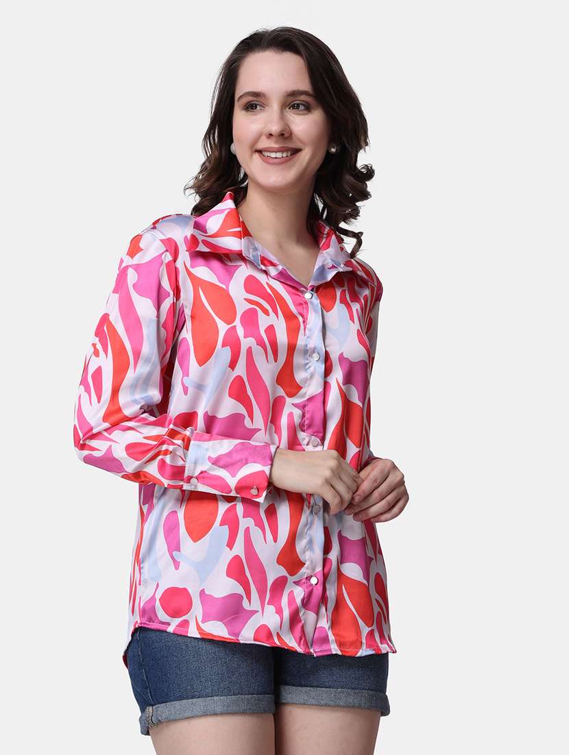 women printed collared long sleeves shirt