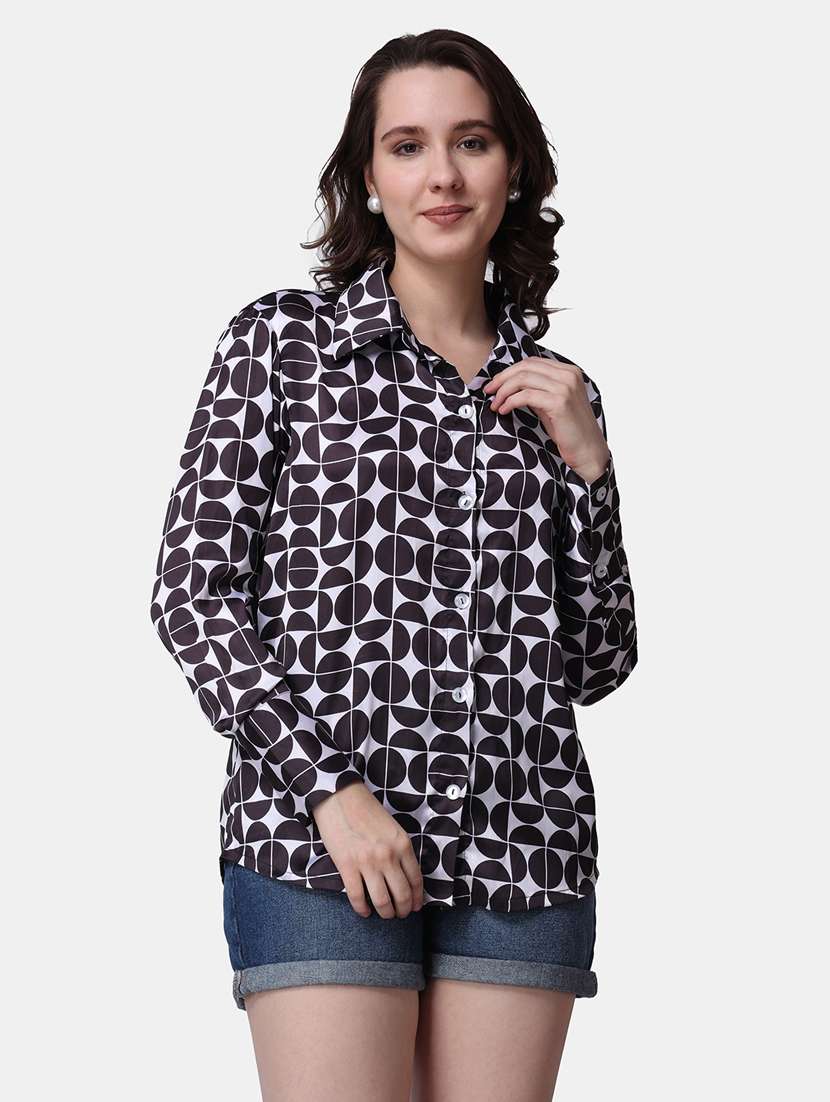 women printed collared long sleeves shirt