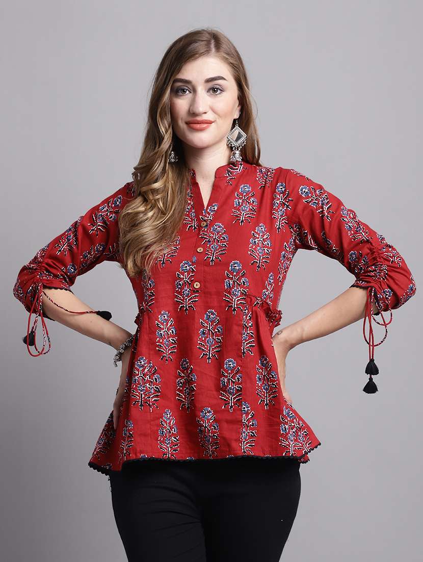 women maroon floral printed a-line top