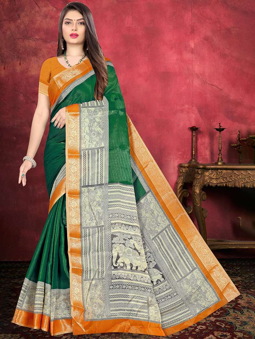 women green solid zari boredered saree