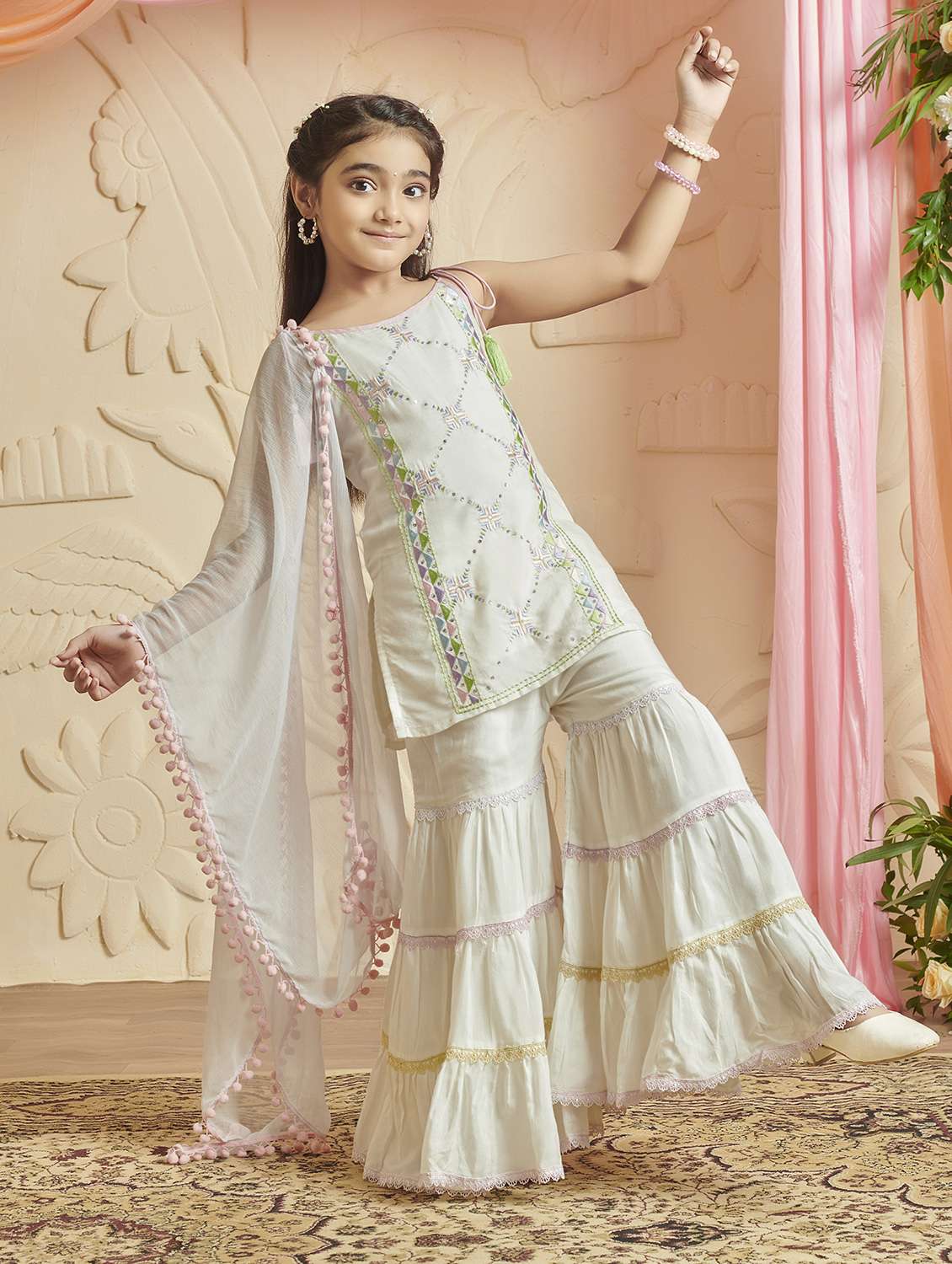 girls solid with work festive wear ethnic set