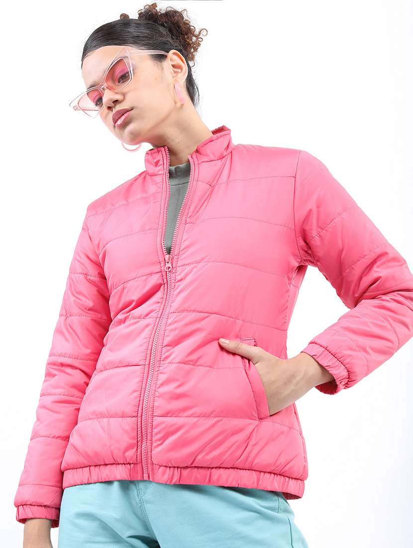 women solid long sleeves quilted jacket