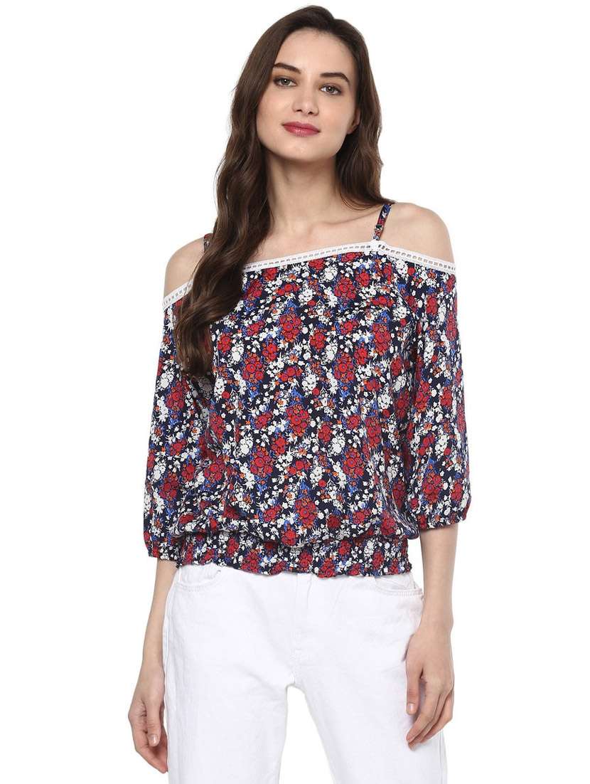 women blue floral shoulder strap neck top