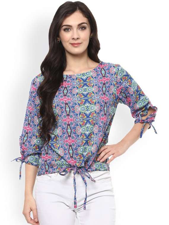 women blue printed round neck top