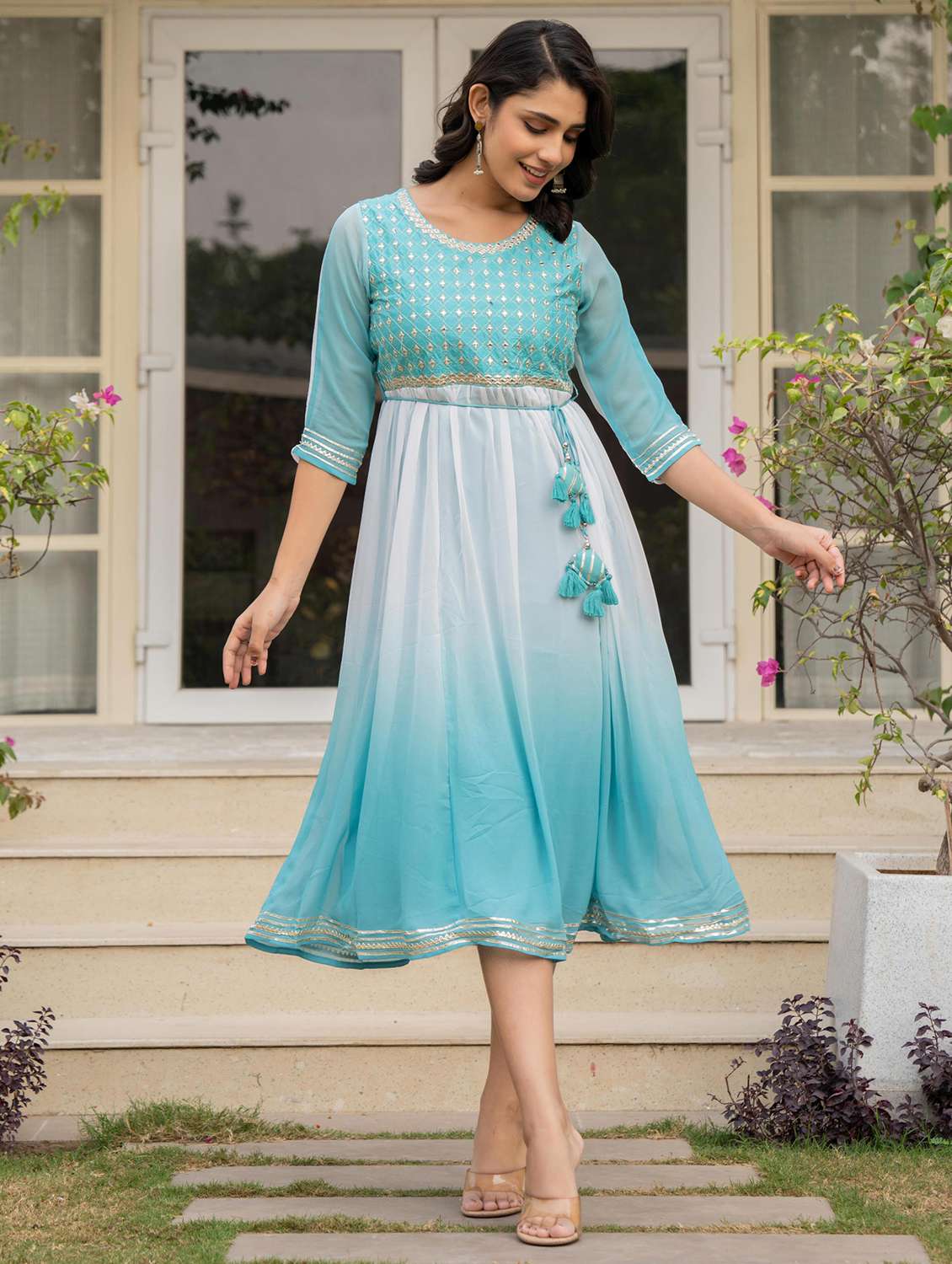 women light blue ombre round neck fit & flare dress