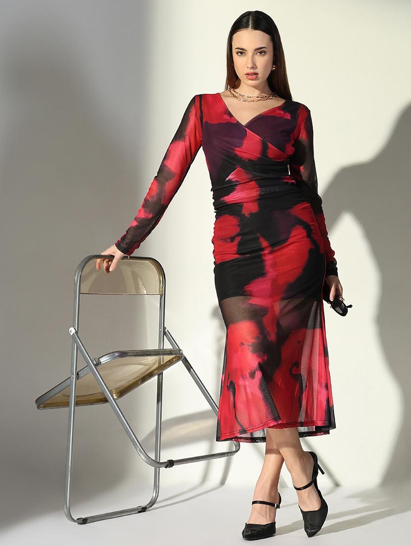 women abstract printed v neck bodycon dress