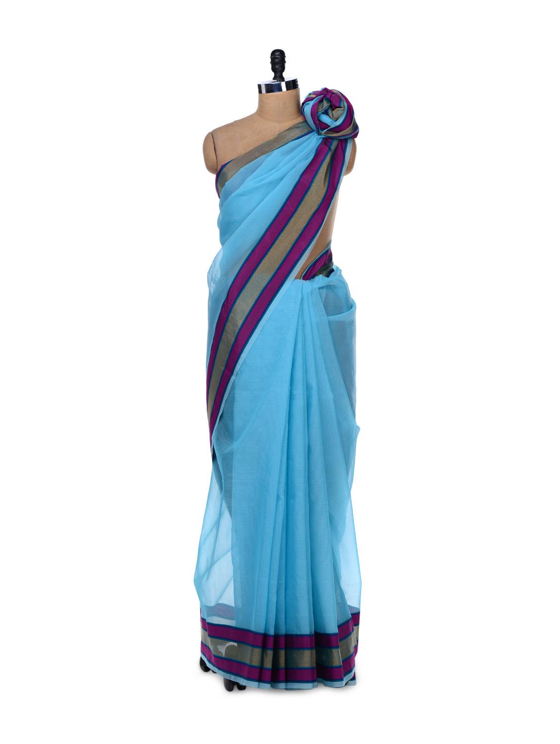 Sky Blue Organza Silk Striped Saree - Bunkar