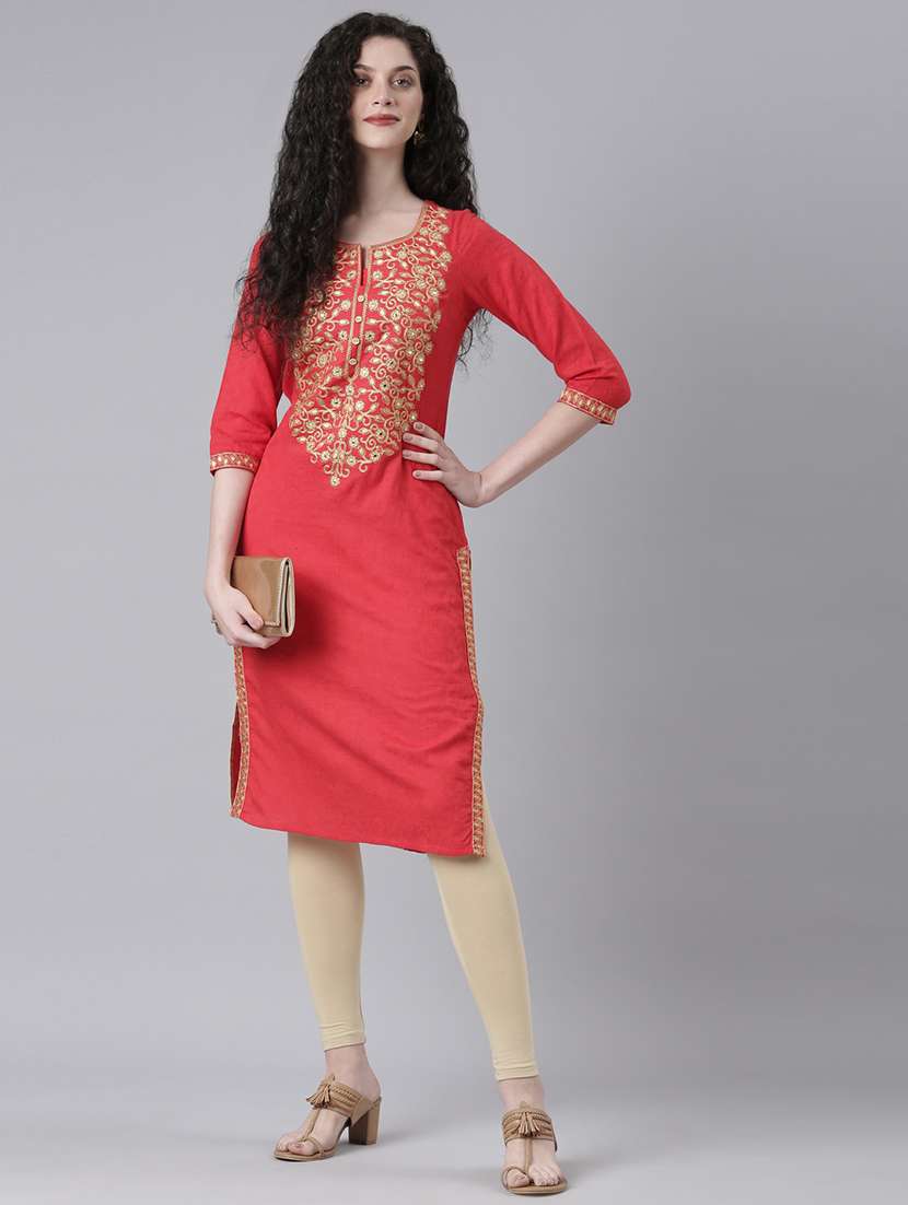 women embroidered three quarter sleeve straight kurta