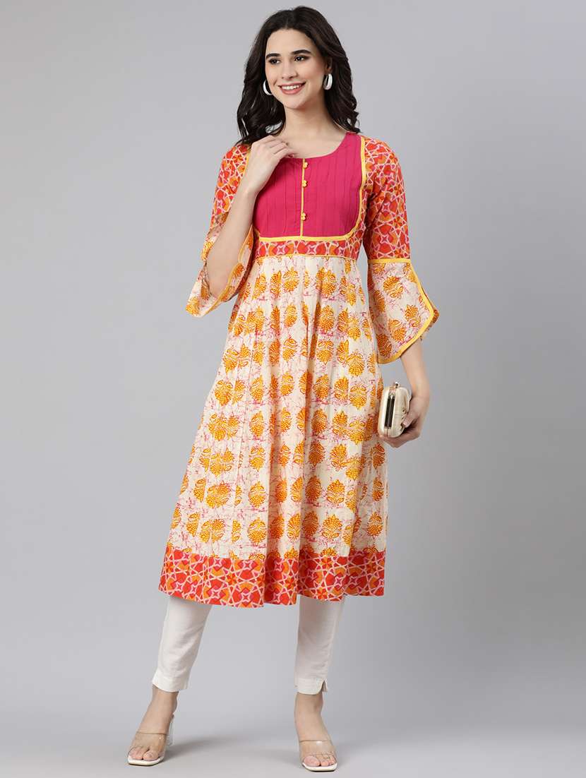 women off-white printed round neck flared kurta