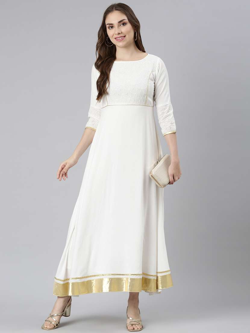 women white three quarter sleeve anarkali ethnic dress
