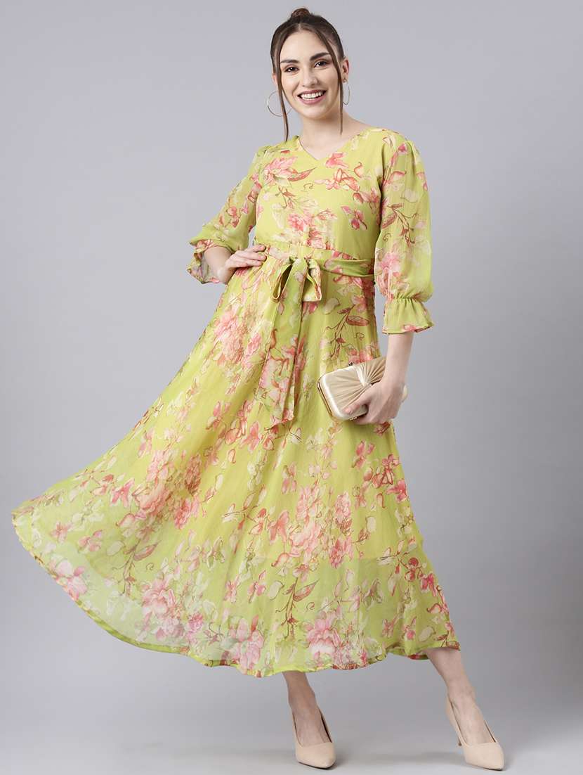 women floral puff sleeve maxi fit & flare dress