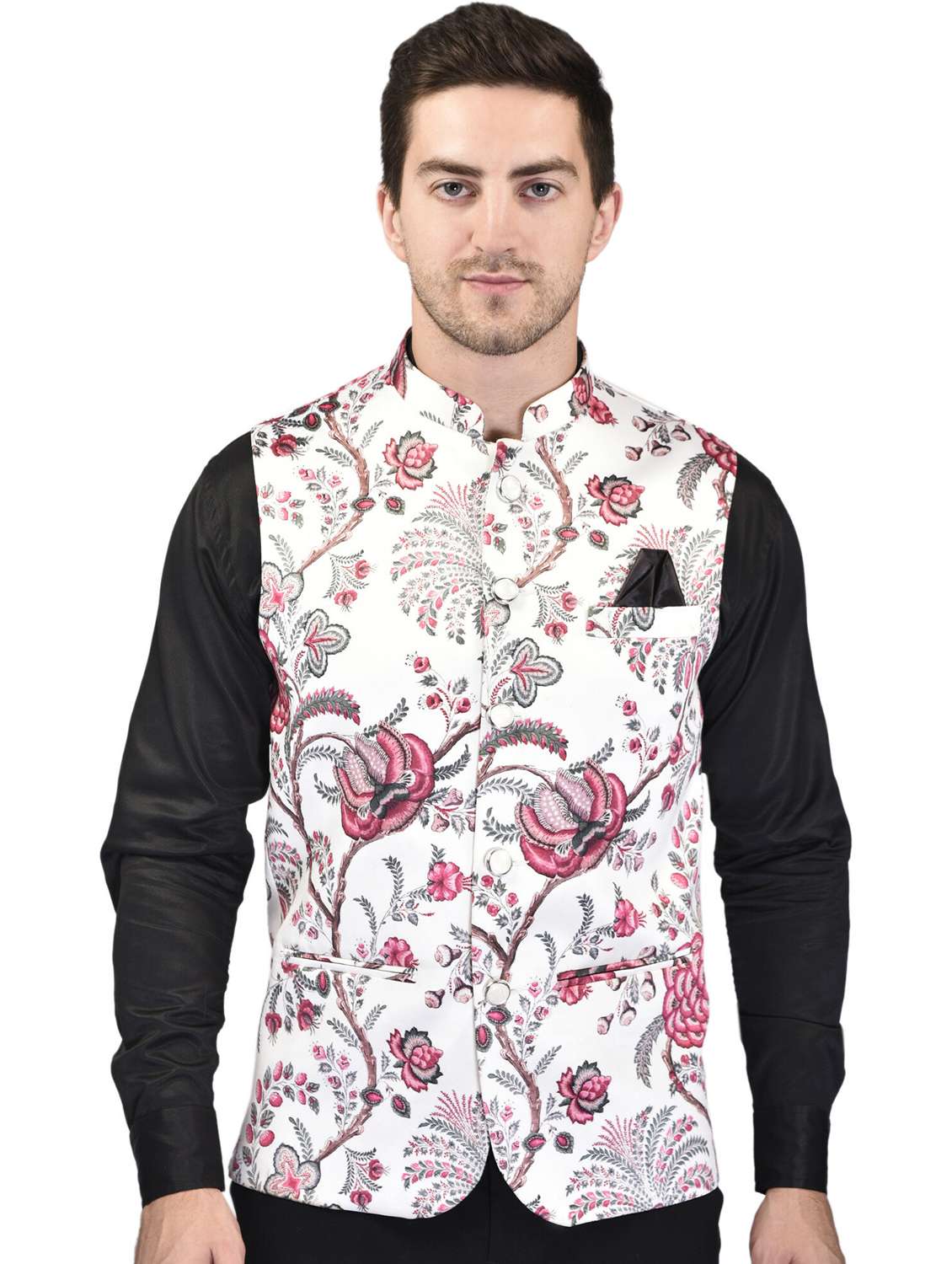 men printed sleeveless nehru jacket