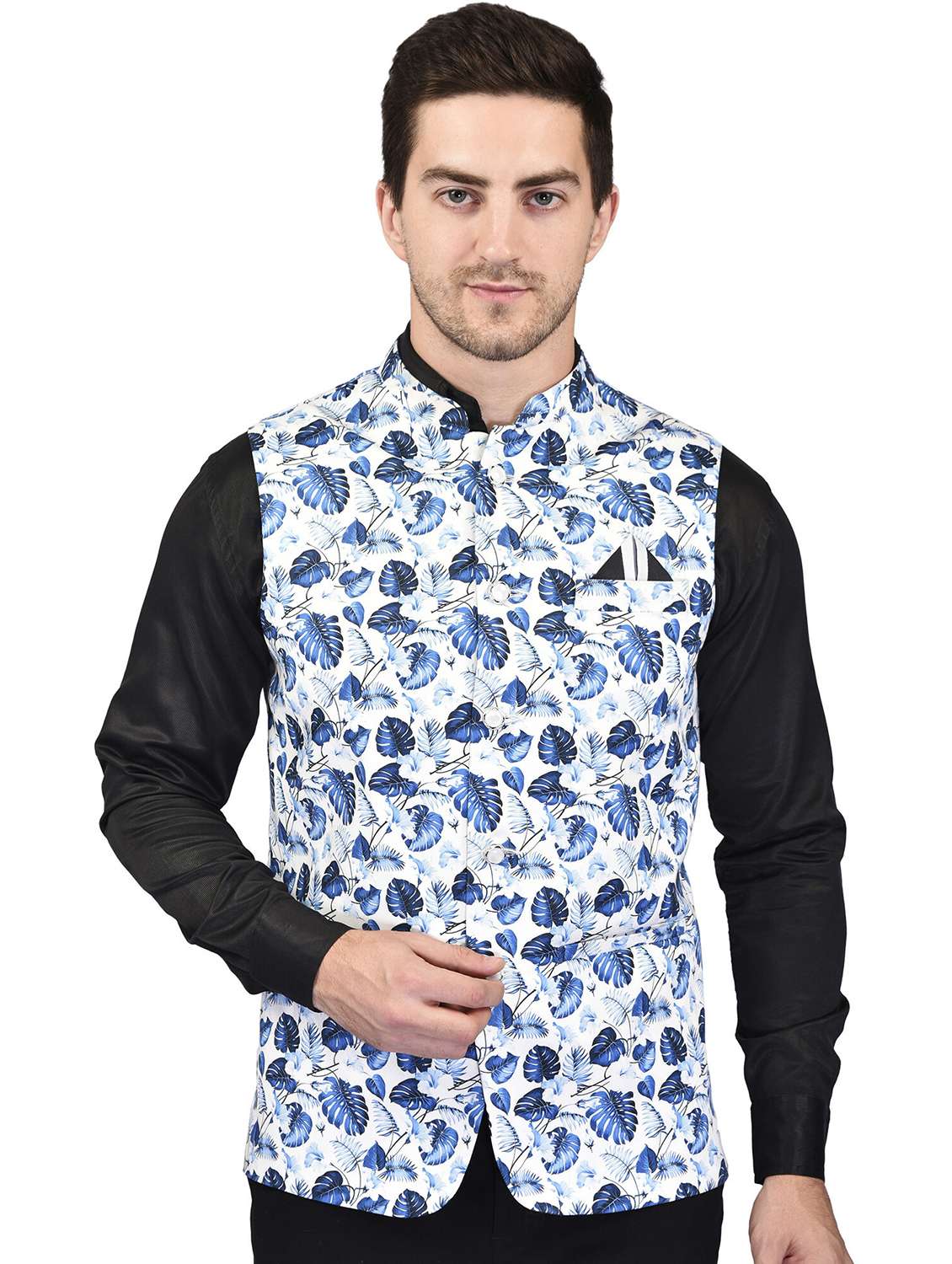 men printed sleeveless nehru jacket
