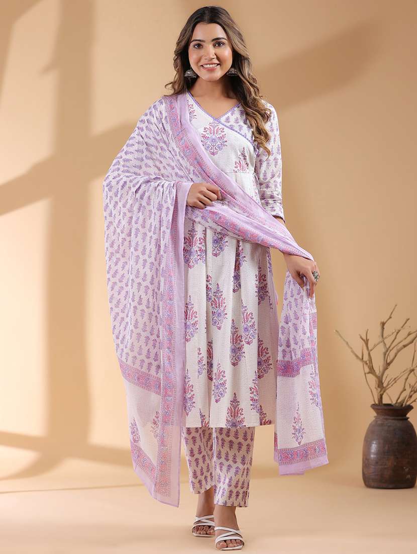 women v-neck printed kurta pant set with dupatta