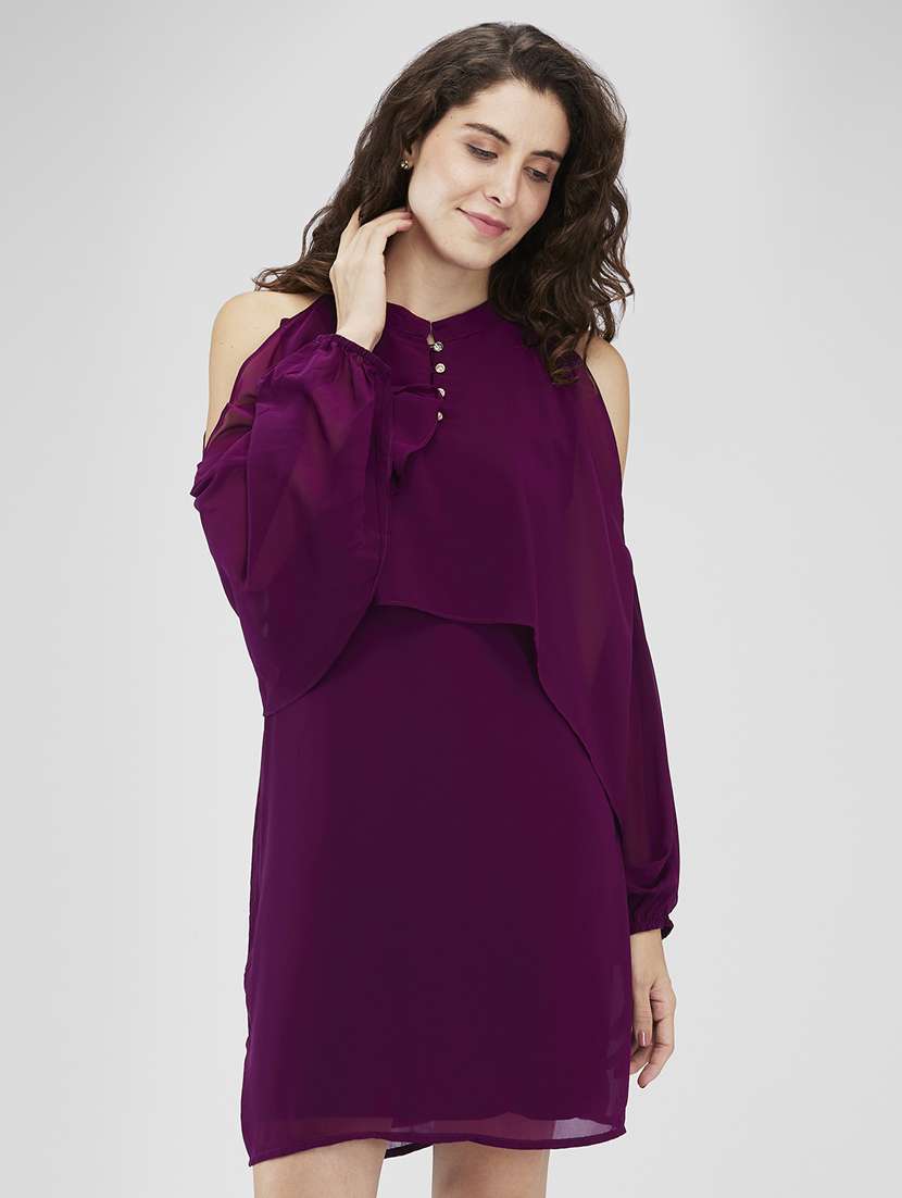 women solid cold shoulder shift dress