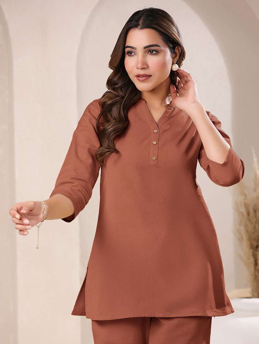 women rust three quarter sleeves straight kurti