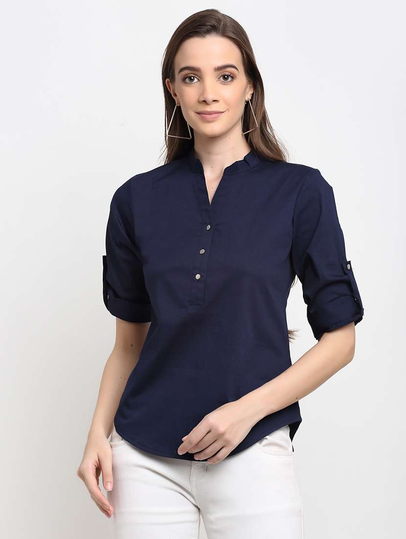 women solid roll-up sleeves regular top