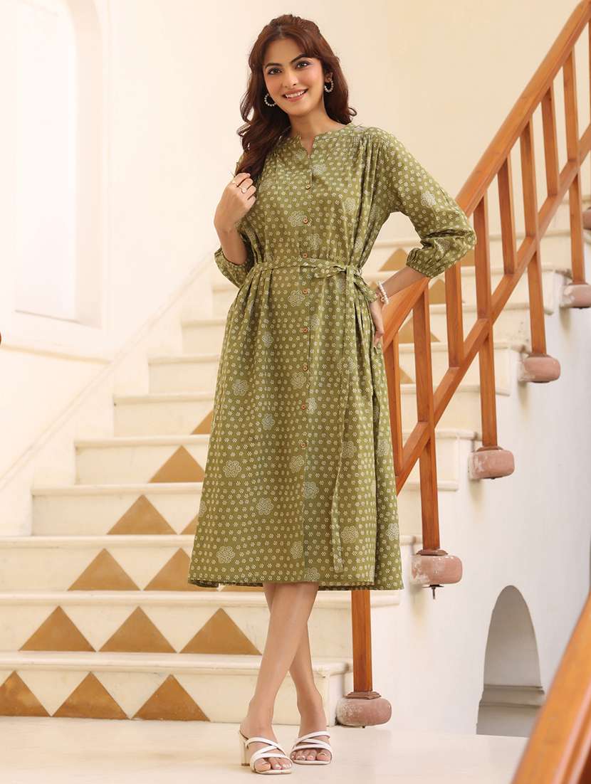 women olive printed three quarter sleeve a-line dress