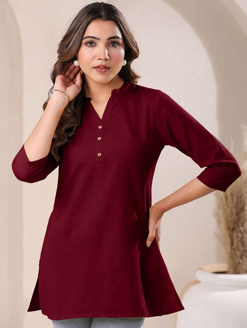 women solid three quarter sleeve a line kurti