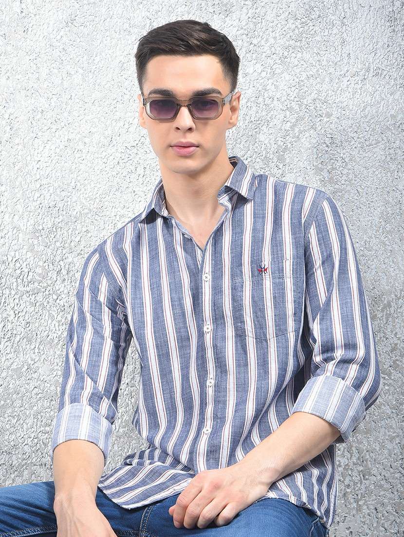 men striped long sleeve slim fit casual shirt
