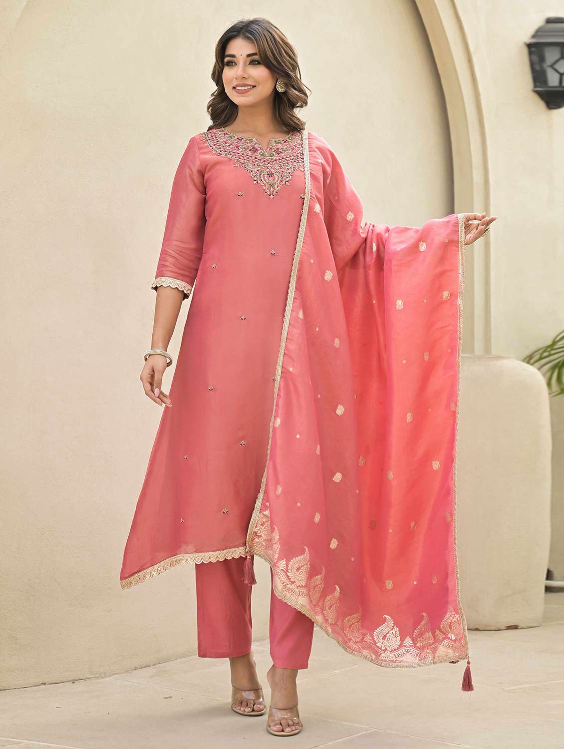 women three quarter sleeve kurta pant with dupatta set