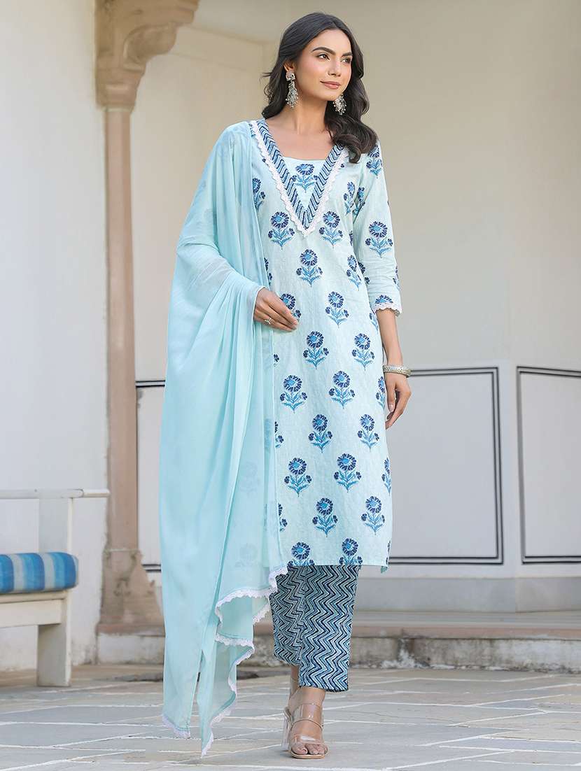 women three quarter sleeve kurta pant with dupatta set