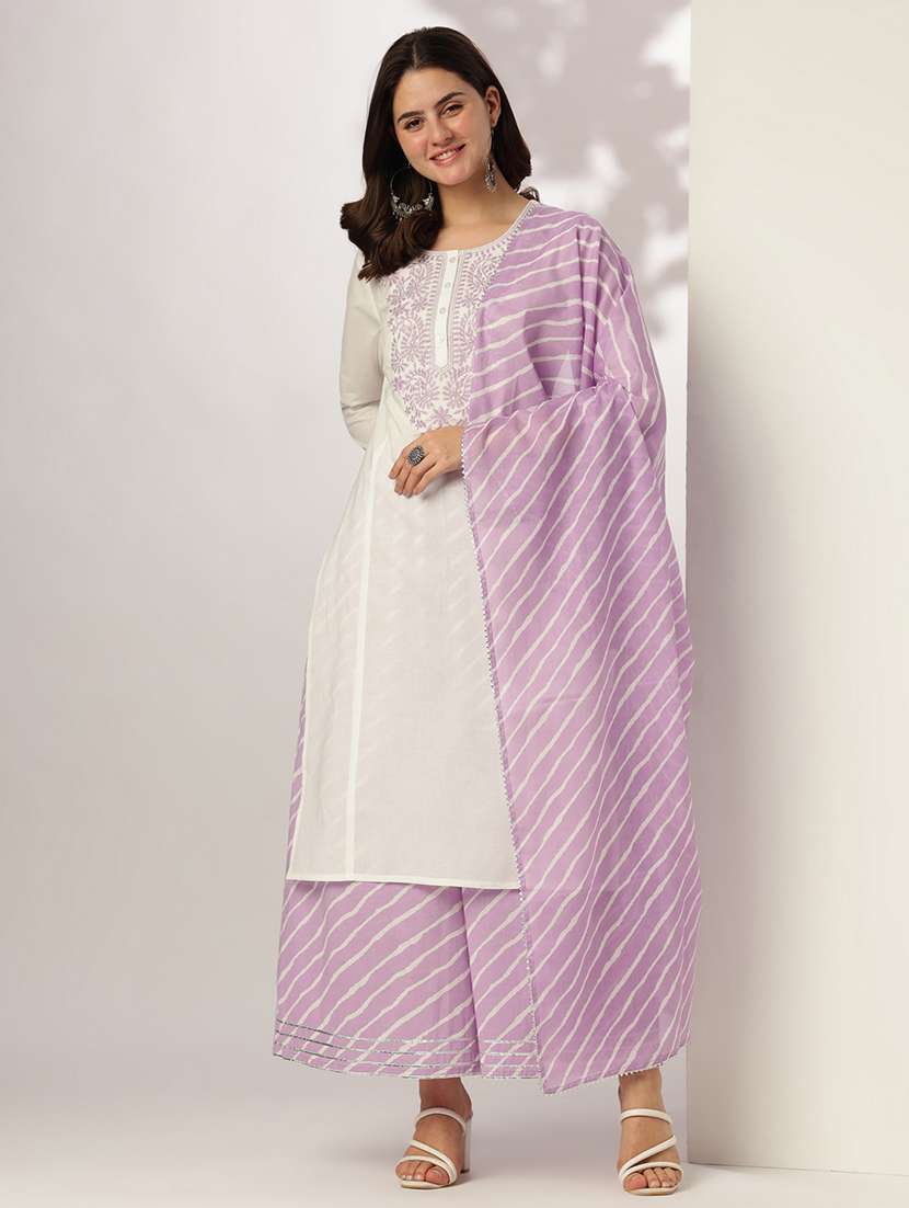 women three quarter sleeve kurta palazzo with dupatta set