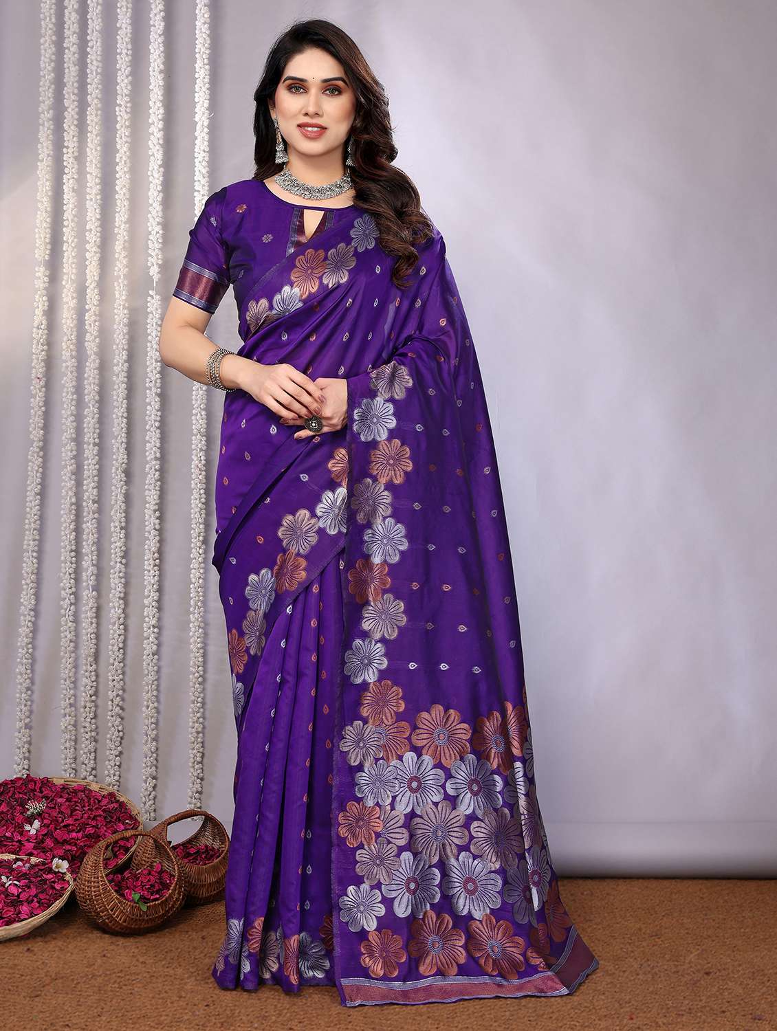 women purple banarasi saree with blouse