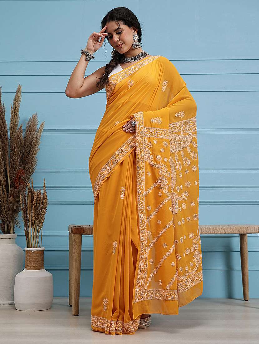 women solid with work chikankari saree with blouse