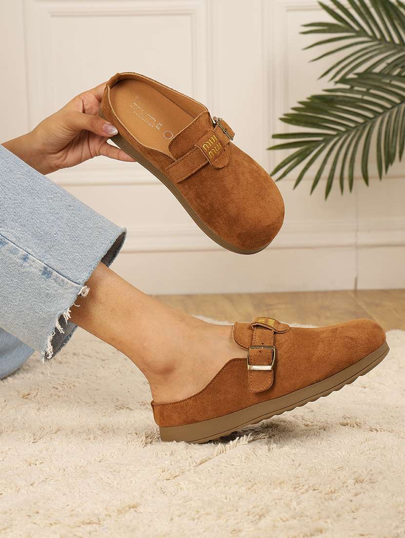 women tan slip on mule