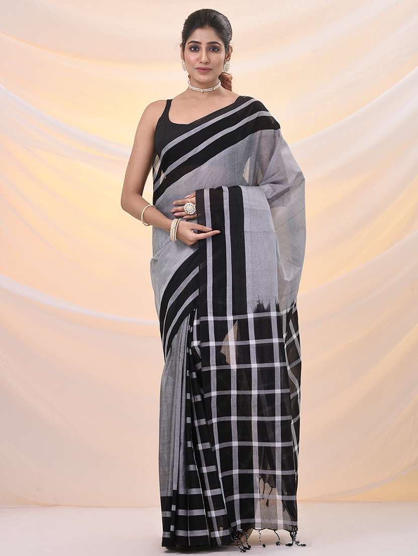 women solid with striped bordered saree with blouse