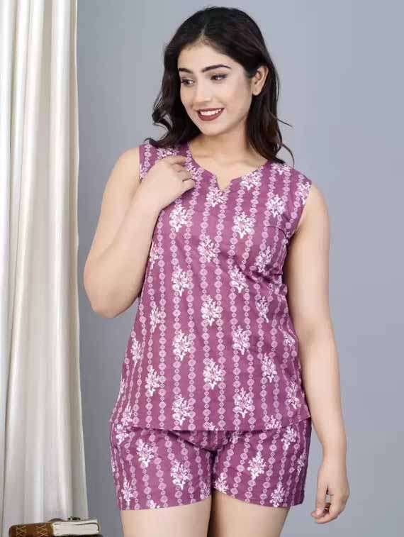 women printed sleeveless nightwear short set