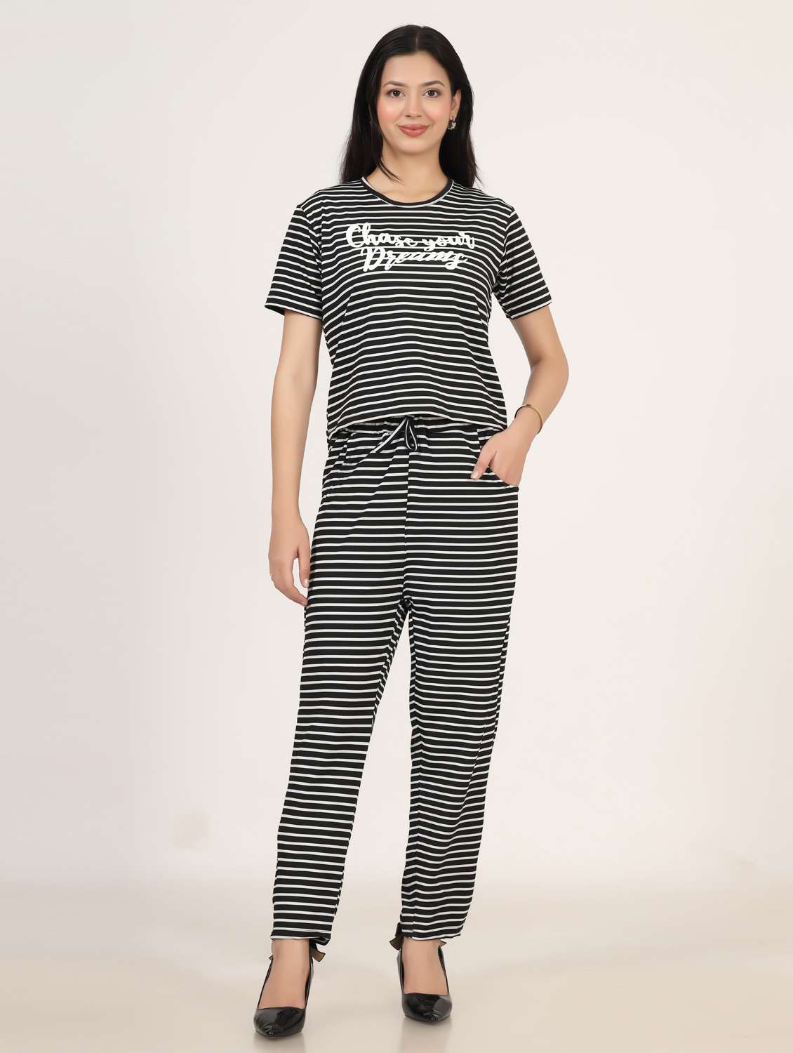 women striped t-shirt and trouser co-ord set