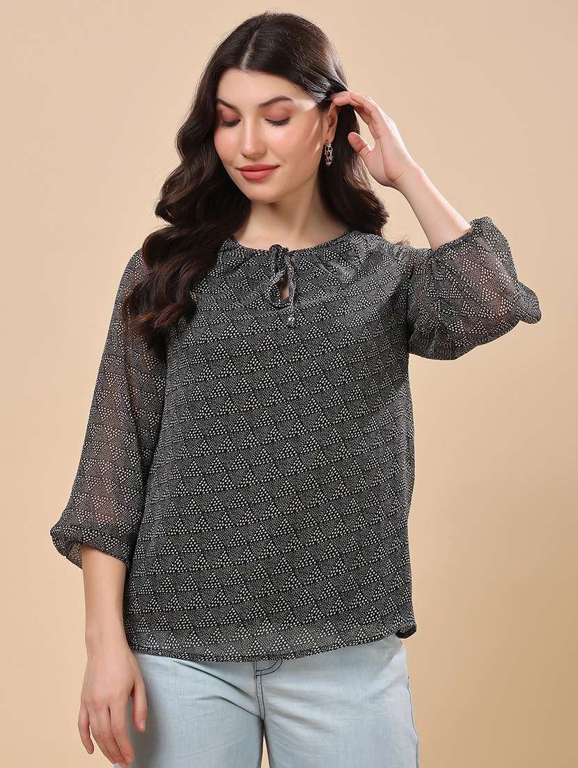 women black printed tie-up neck regular top