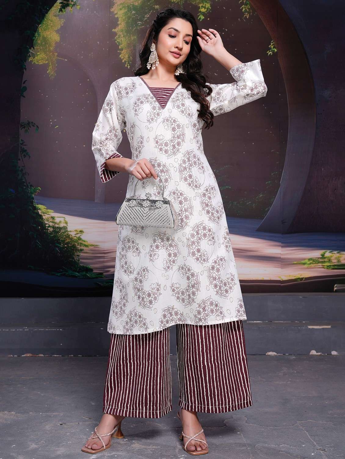 women printed three quarter sleeve kurta palazzo set