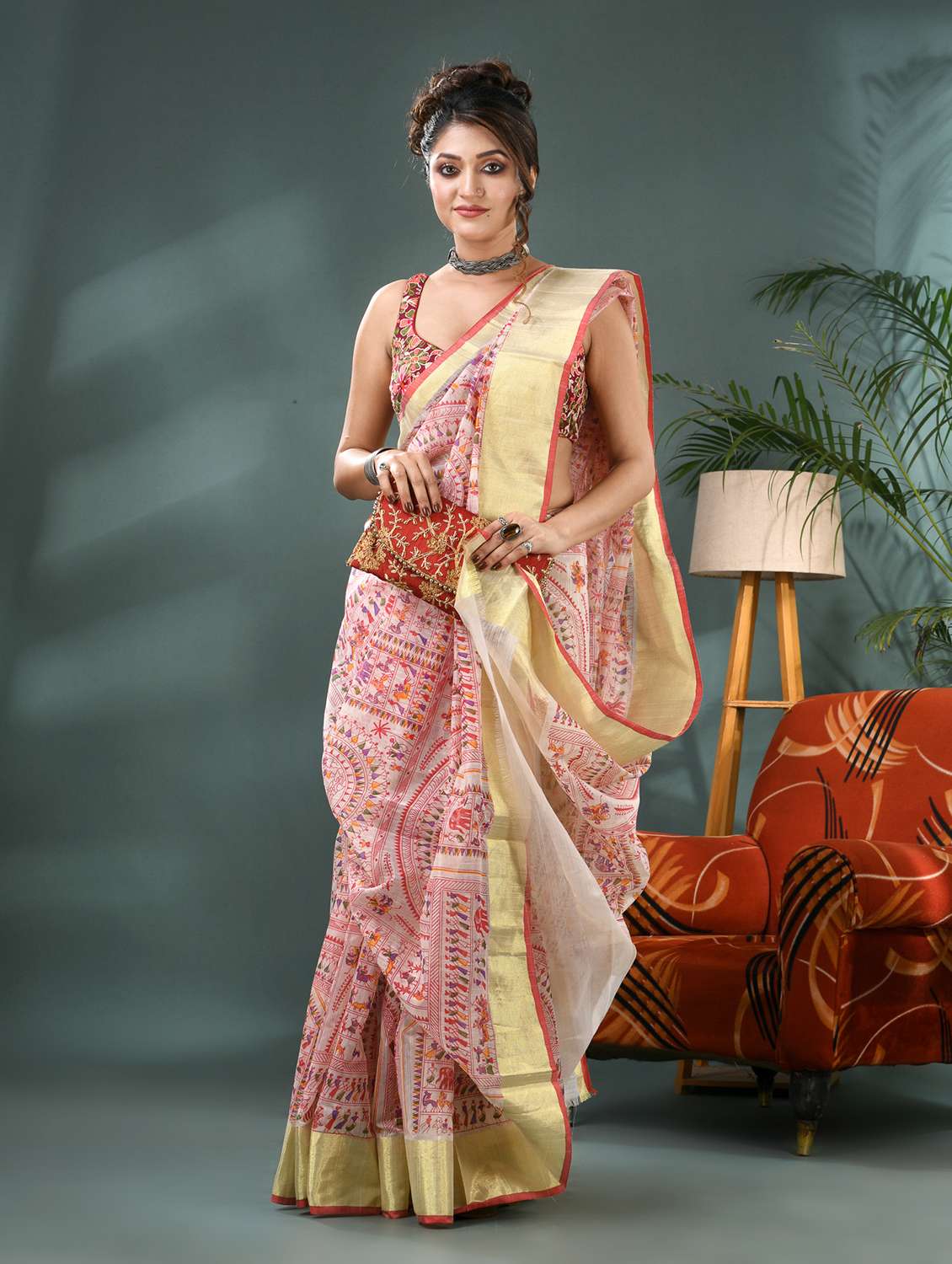 women warli printed bordered saree with blouse