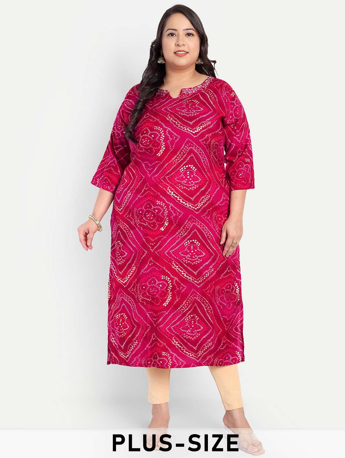 women plus size bandhani print straight kurta