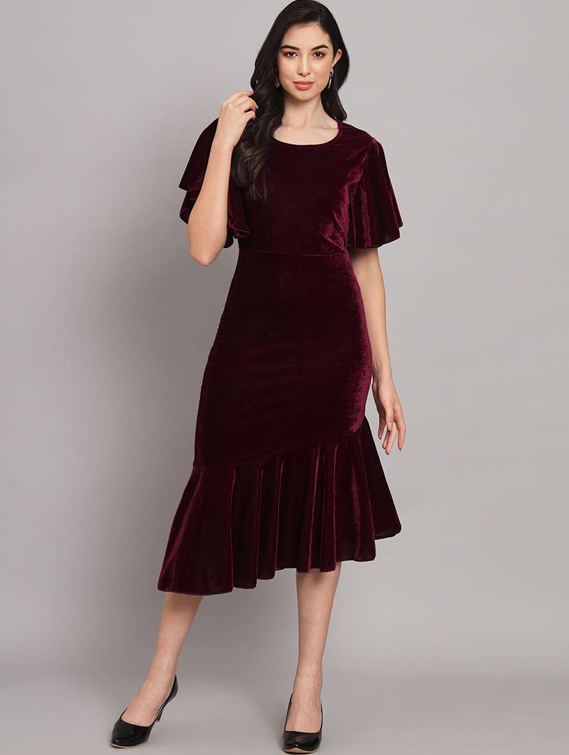 women solid flared sleeve velvet tiered dress