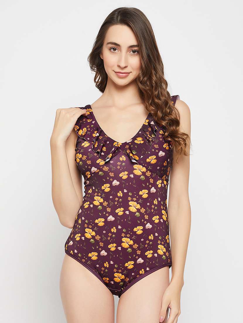 women purple floral print sleeveless monokini