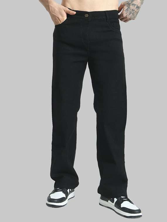 men black plain mid rise baggy jeans