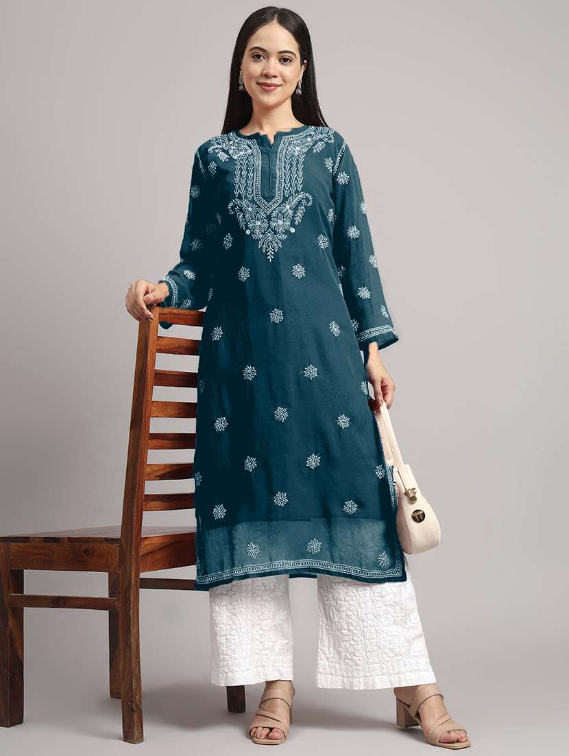 women long sleeve chikankari straight kurta