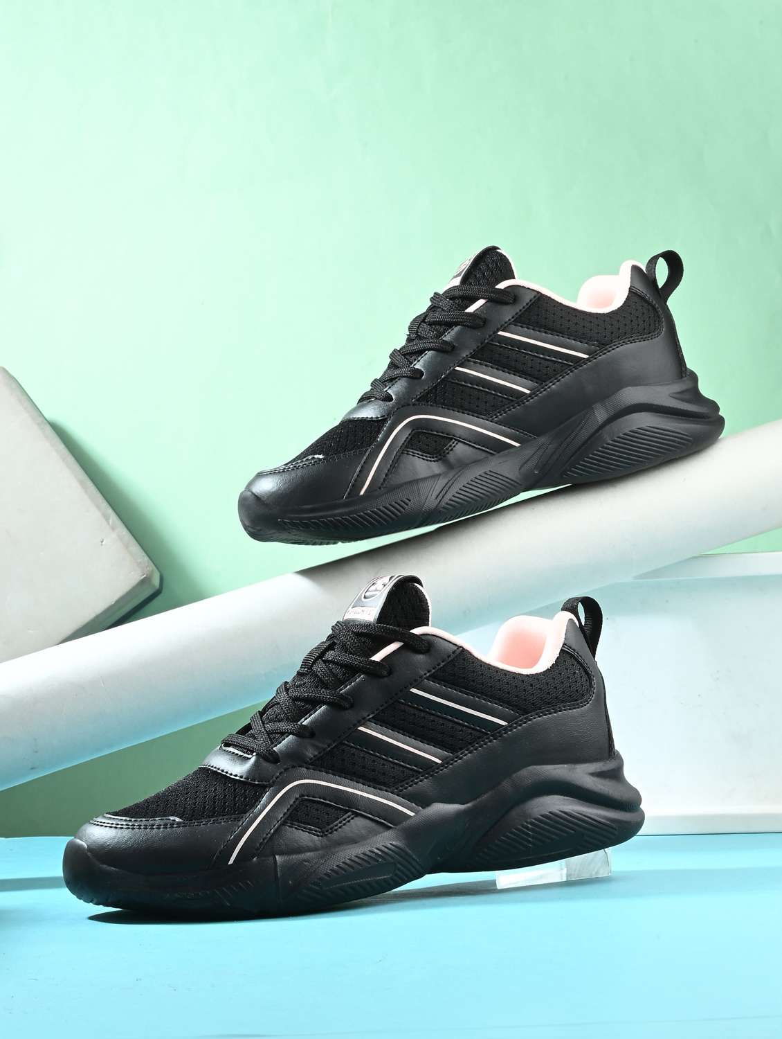 black synthetic & mesh laceup sports shoes